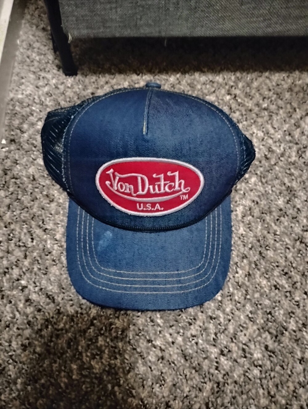 Von Dutch Denim Blue Trucker Cap with Red Logo Patch